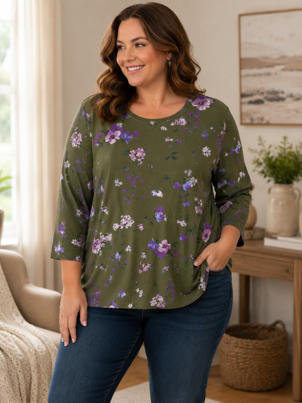 Isaac Mizrahi Live Olive Green Floral 3/4 Sleeve Top 2X Plus Size